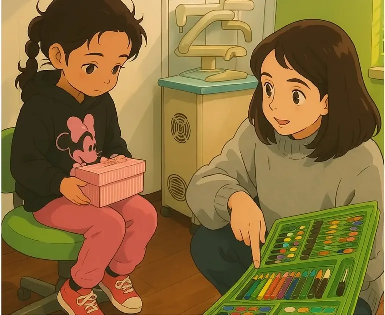 Illustration of a dentist showing a young girl a colouring set in the surgery.
